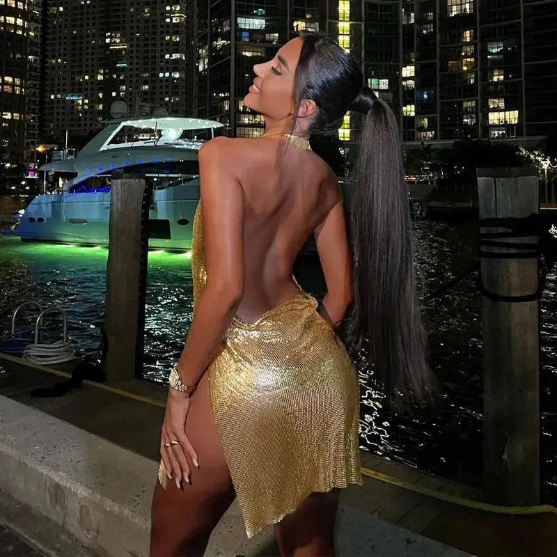 Vêlara — Sequin Halter Backless Party Dress